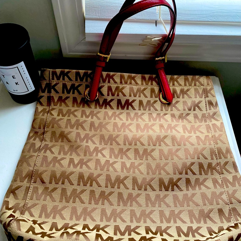 Large red and brown signature Michael Kors tote bag